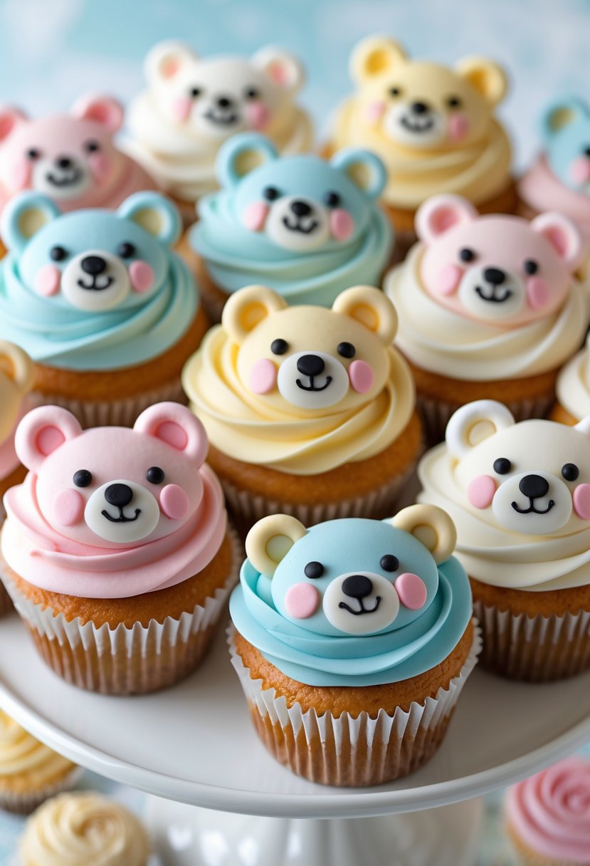 Cupcakes decorated with fondant bear faces arranged on a platter for a baby shower.