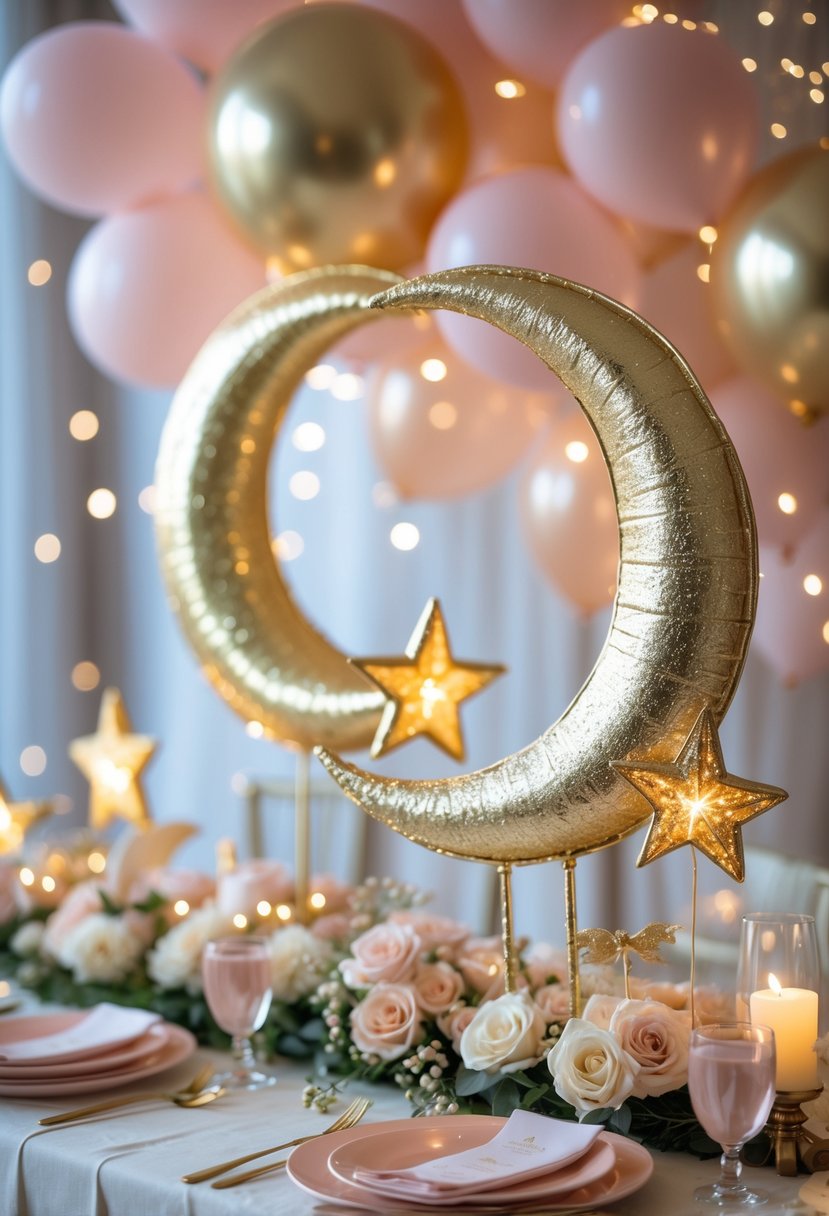 Gold crescent moon and star centerpieces on a decorated table with balloons and fairy lights for a baby shower.