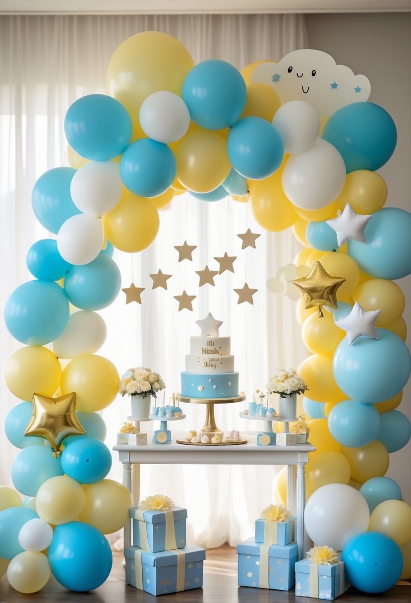A baby shower setup with a pastel balloon arch decorated with star and cloud shapes over a table with a cake and gifts.