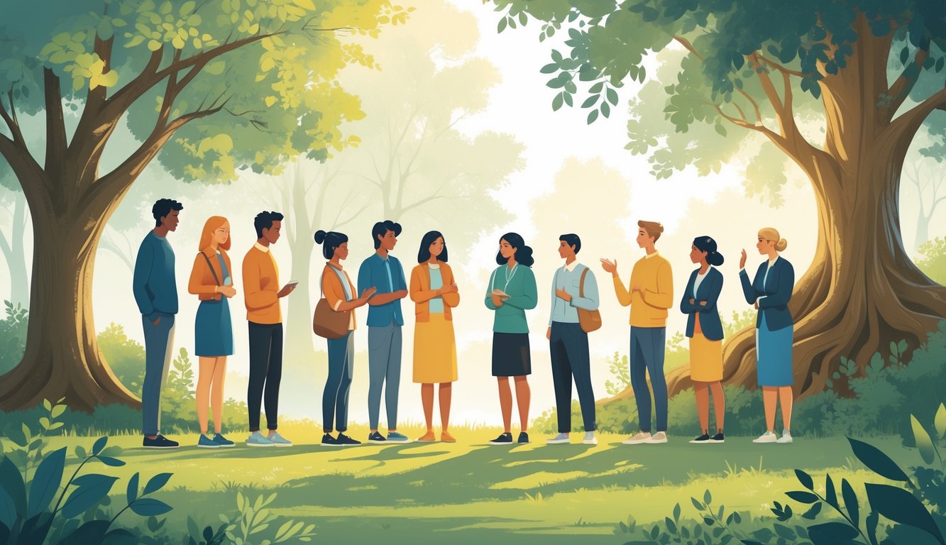 Skupina ljudi različitih dobi i etničkih pripadnosti razgovara i razmišlja u mirnom prirodnom okruženju s drvećem u pozadini.