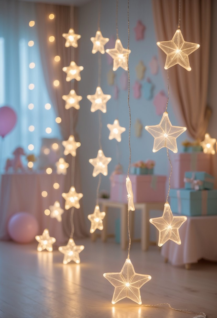 A baby shower decorated with glowing star-shaped fairy lights hanging across the room, surrounded by balloons and soft pastel decorations.