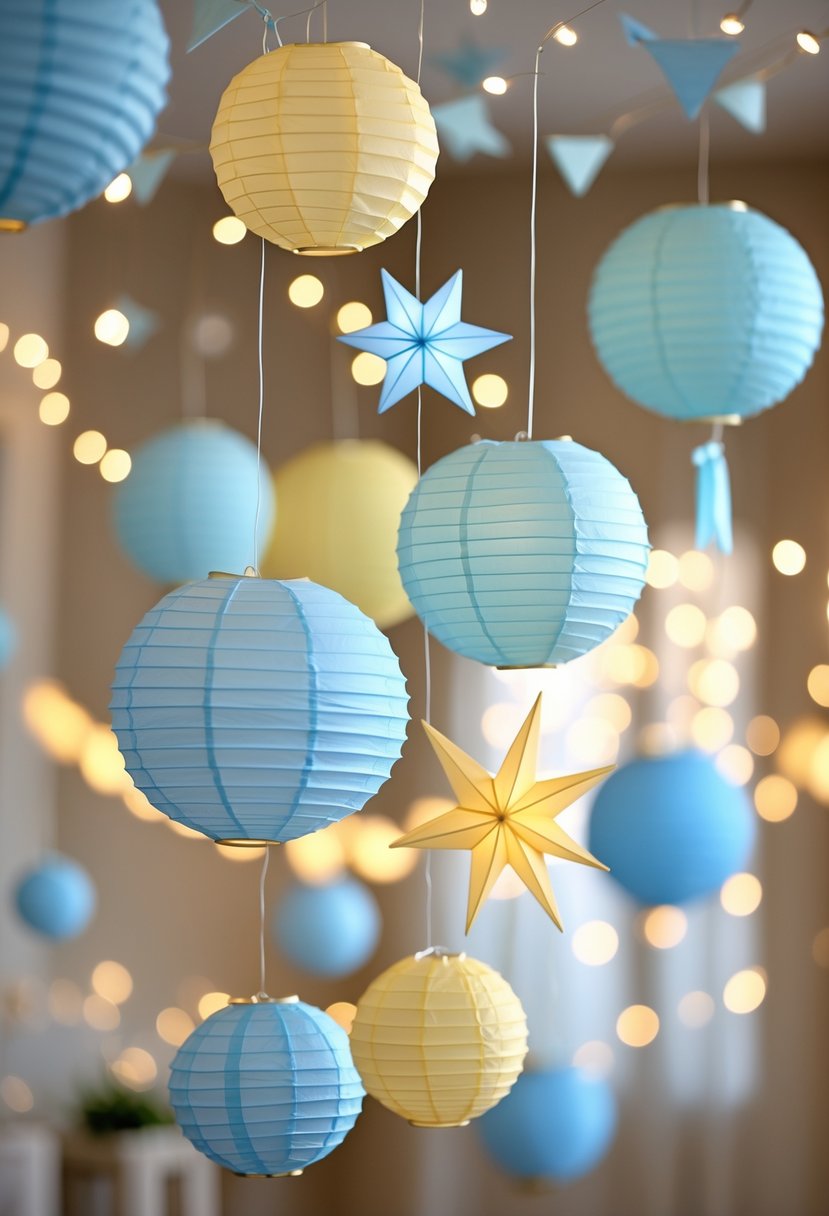 Pastel blue and yellow paper lanterns hanging at different heights in a softly lit room decorated for a baby shower.