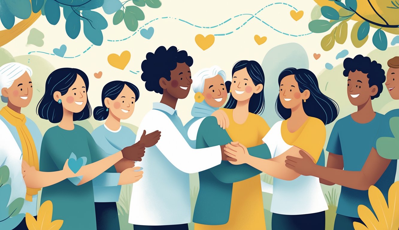 Ljudi različitih dobi i etničkih pripadnosti u toplim i prijateljskim interakcijama u prirodnom okruženju.