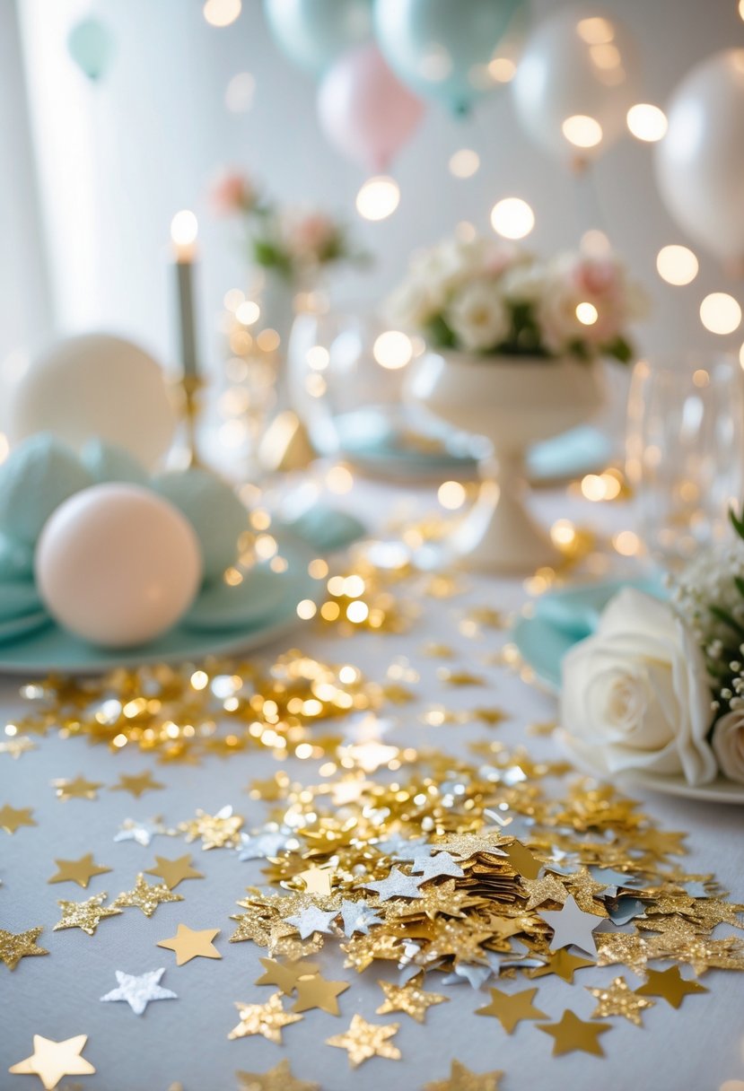 Close-up of glittery star-shaped confetti scattered on a decorated table with soft pastel baby shower decorations.