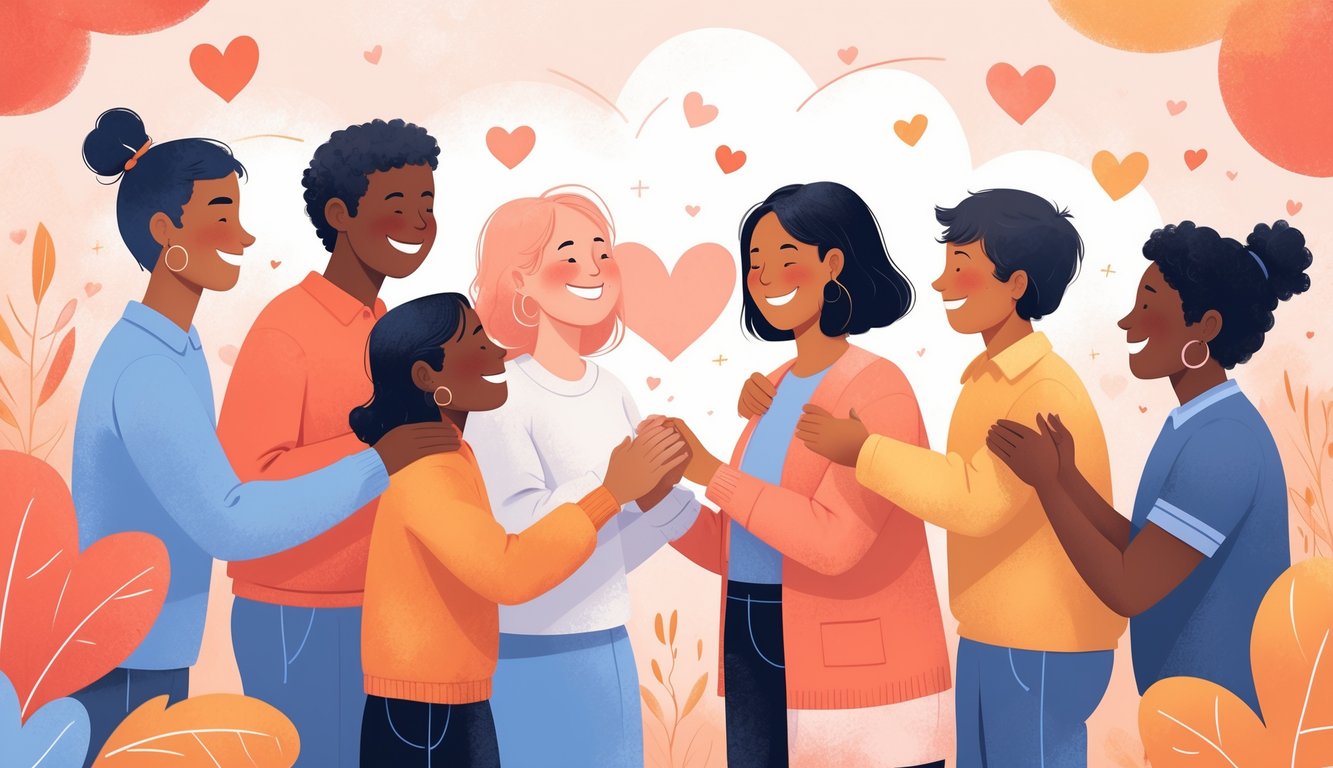 Skupina različitih ljudi koji se međusobno grle i drže za ruke, prikazujući ljubav i povezanost među njima.