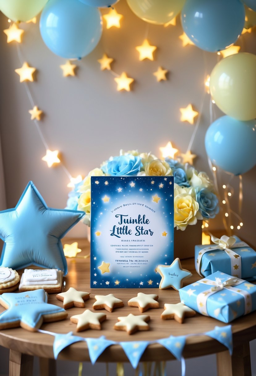 A baby shower setup with star-themed decorations including star-shaped lights, pastel balloons, star garlands, a crescent moon centerpiece, and a custom invitation on a wooden table.