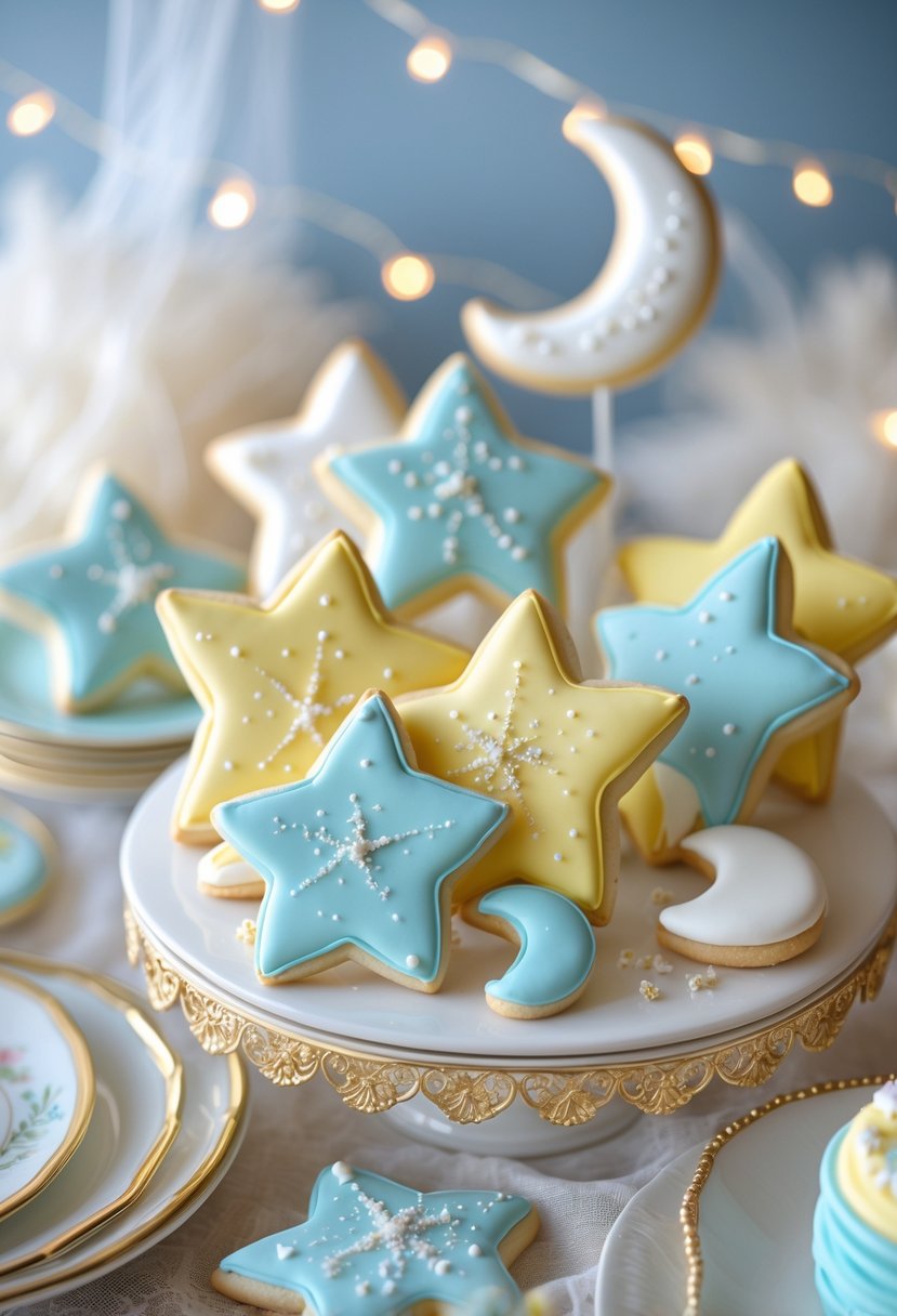 A baby shower table decorated with star and moon sugar cookies and soft pastel decorations.