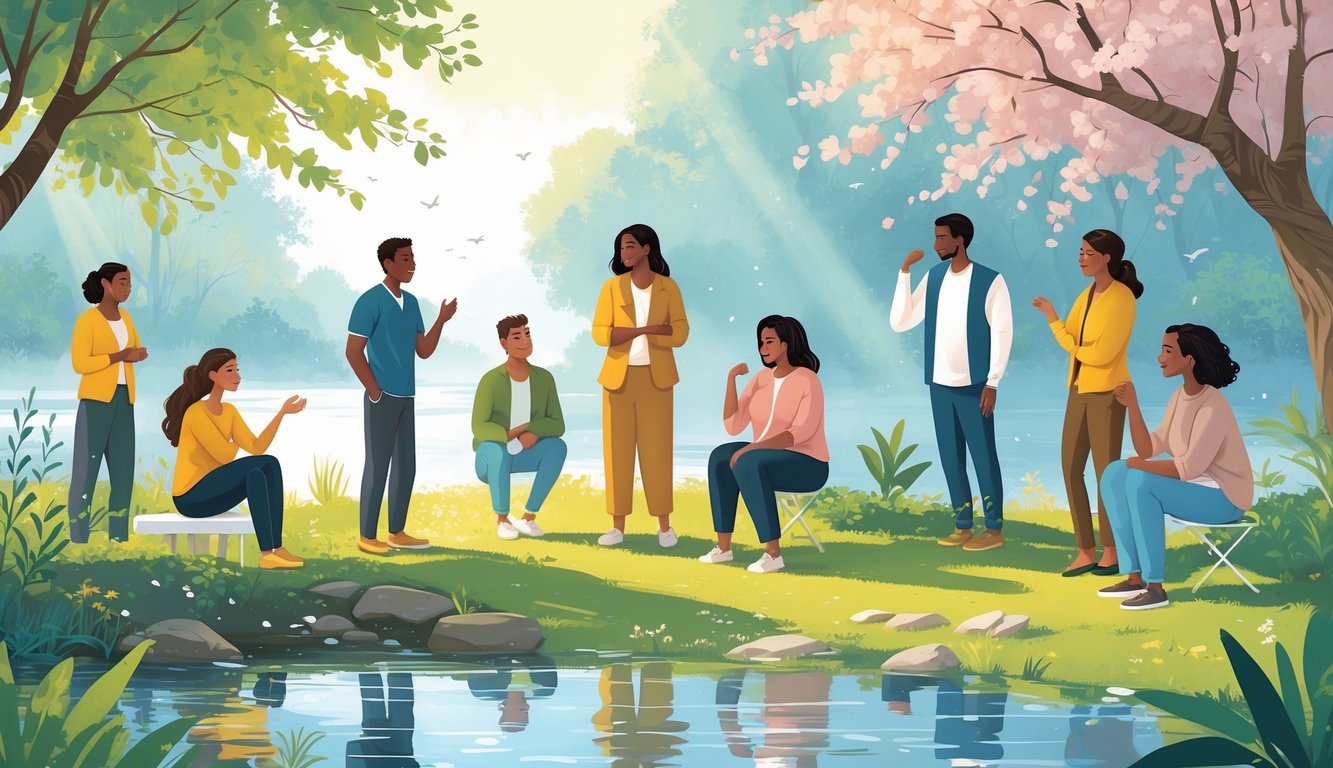 Skupina različitih ljudi u prirodnom okruženju koji razgovaraju i razmjenjuju misli, okruženi drvećem i rijekom.