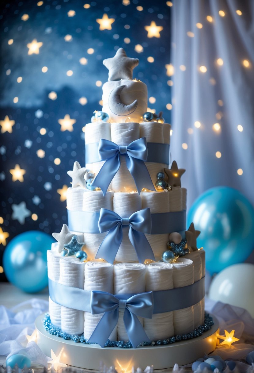 A multi-tiered diaper cake decorated with stars and moons, surrounded by baby shower decorations and soft glowing lights.