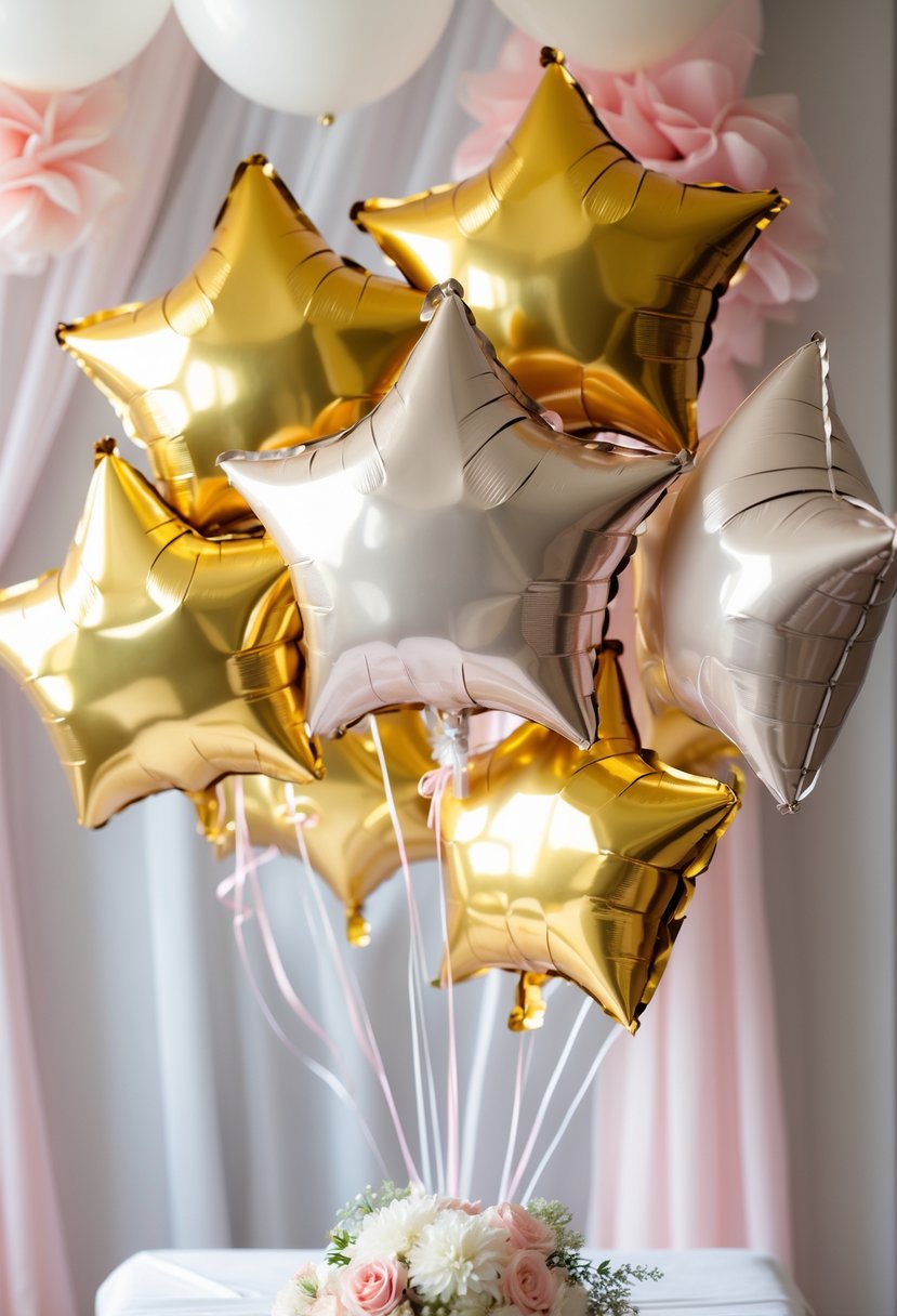 Metallic gold star-shaped balloon bouquets arranged on a table with pastel baby shower decorations in the background.