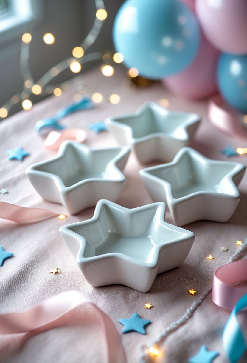 Star-shaped ceramic dishes arranged on a pastel tablecloth with baby shower decorations and soft lighting.