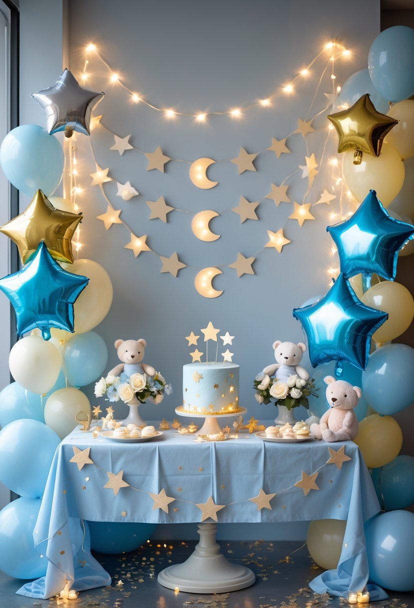 A baby shower setup decorated with star and moon shapes, pastel balloons, fairy lights, and a table with floral arrangements and a star-themed cake.