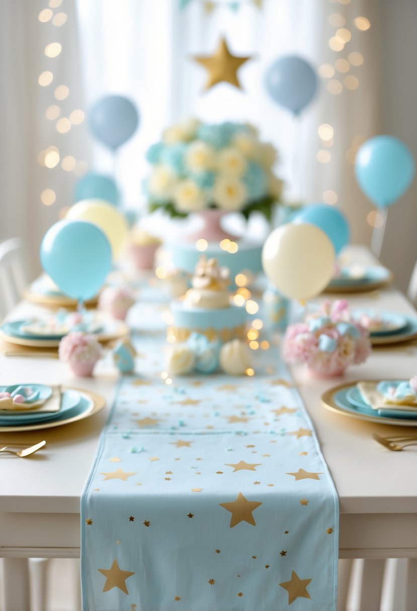A baby shower table decorated with star-patterned runners, pastel balloons, party favors, and twinkling lights.