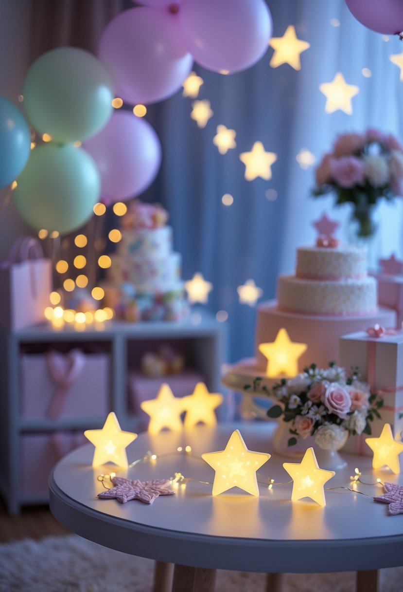 A baby shower setup with glowing star stickers, pastel balloons, fairy lights, and decorated table with gifts and flowers.
