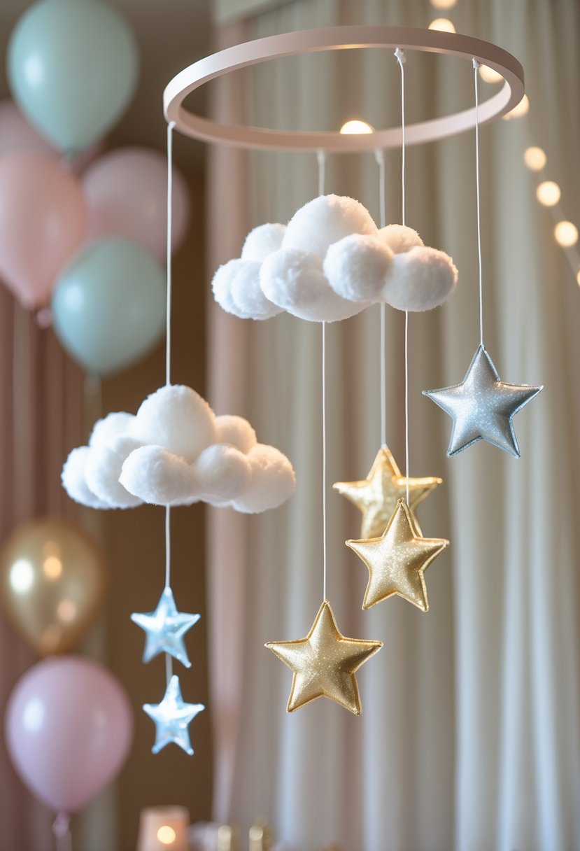 Hanging cloud and star mobiles suspended against a soft pastel background with baby shower decorations in the background.