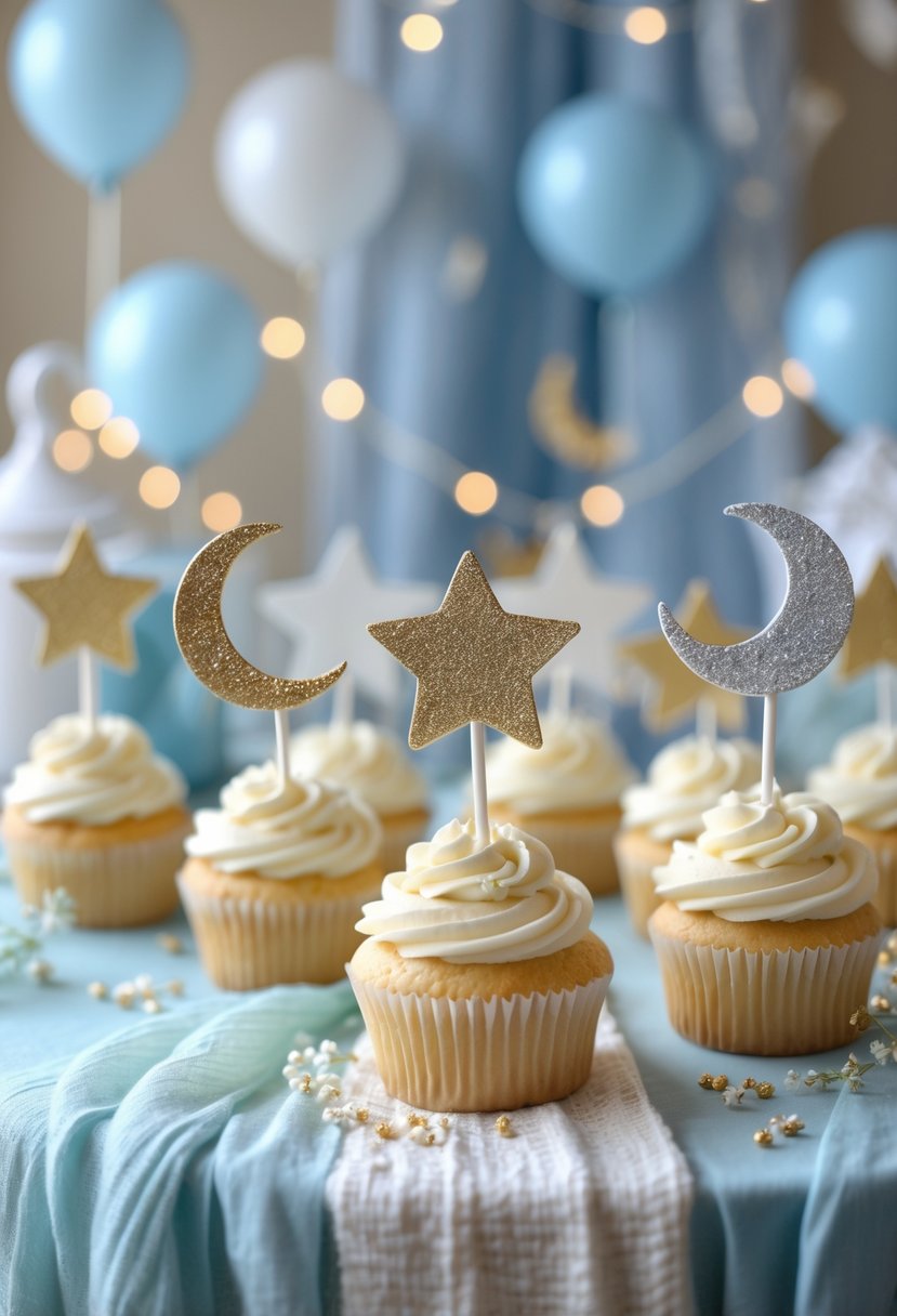 Cupcakes decorated with star and crescent moon toppers arranged on a table with baby shower decorations in the background.
