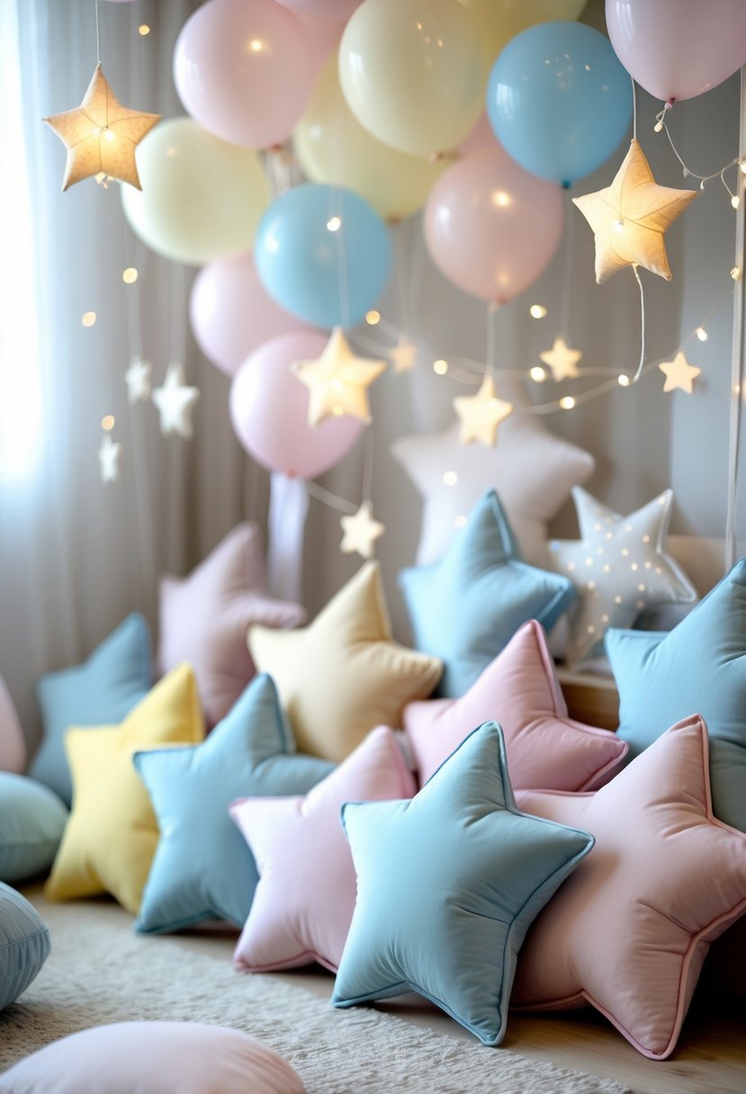A baby shower setup with soft pastel star-shaped cushions arranged on the floor surrounded by delicate star decorations and pastel balloons.