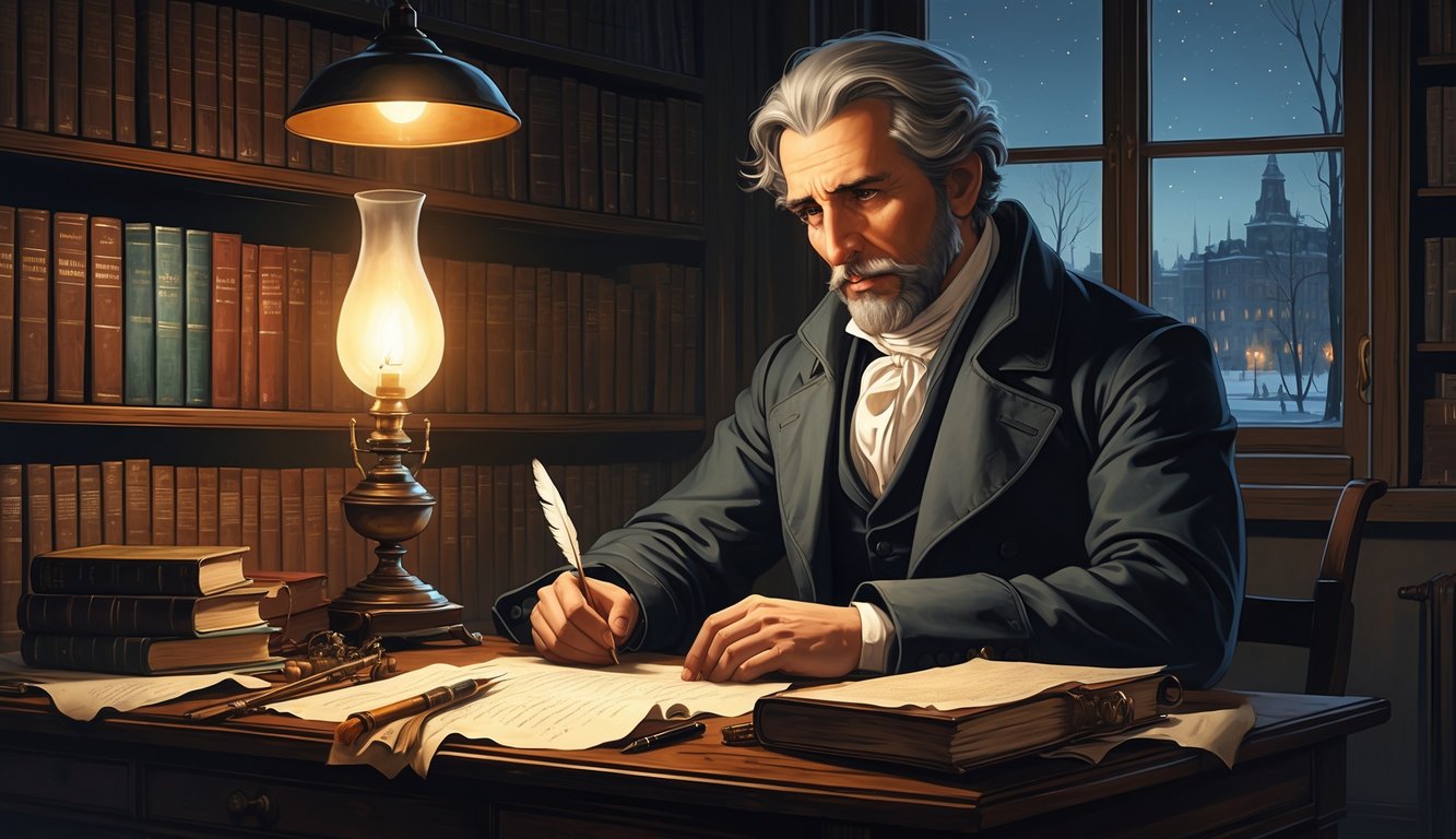 Pisac iz 19. stoljeća sjedi za stolom u sobi s knjigama i lampom, zamišljeno gleda prema prozoru na zimski prizor.