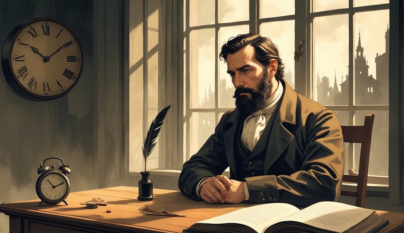 Muškarac u 19. stoljeću sjedi za stolom kraj prozora s knjigom i simbolima života oko sebe.