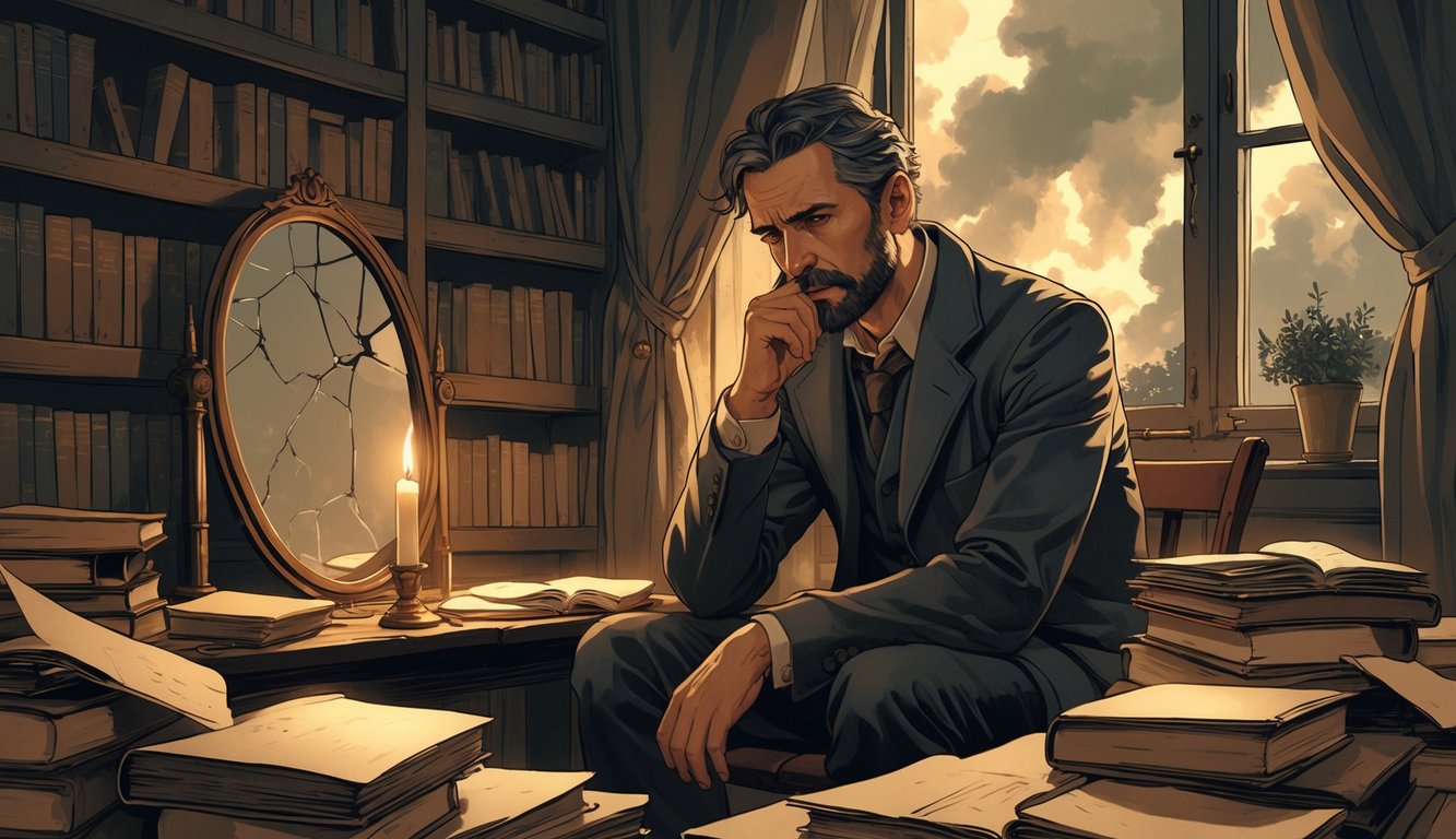 Čovjek sjedi zamišljeno u starinskoj sobi s knjigama i papirom, okružen simbolima unutarnjih sukoba i promišljanja o ljudskoj prirodi.