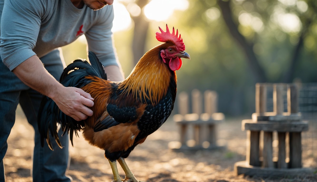 Seorang pria memegang seekor ayam petarung sehat dengan latar belakang alami yang samar.
