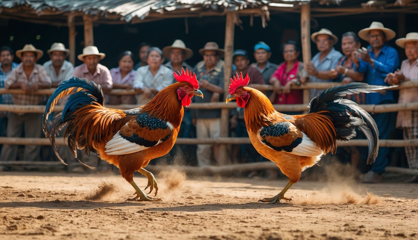 Dua ayam jago sedang bertarung di arena sabung ayam dengan penonton yang fokus menyaksikan di sekitarnya.