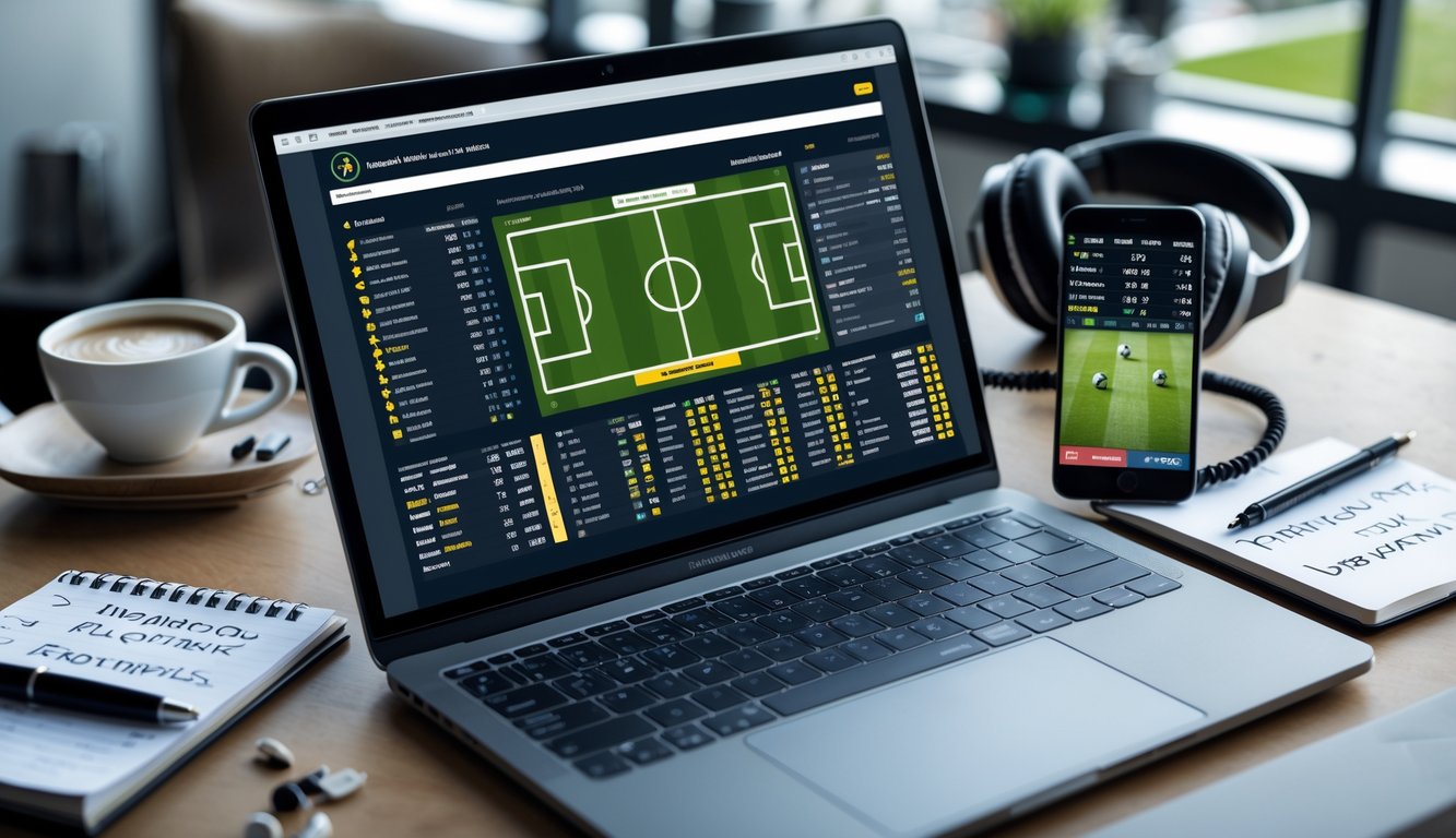 Seorang pria duduk di depan laptop dengan layar menampilkan statistik pertandingan sepak bola dan taruhan, di meja terdapat ponsel yang menayangkan pertandingan sepak bola langsung, secangkir kopi, dan alat tulis.