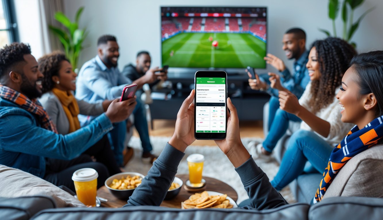 Sekelompok orang sedang menonton pertandingan sepak bola dan menggunakan perangkat digital untuk bertaruh secara online di ruang tamu.