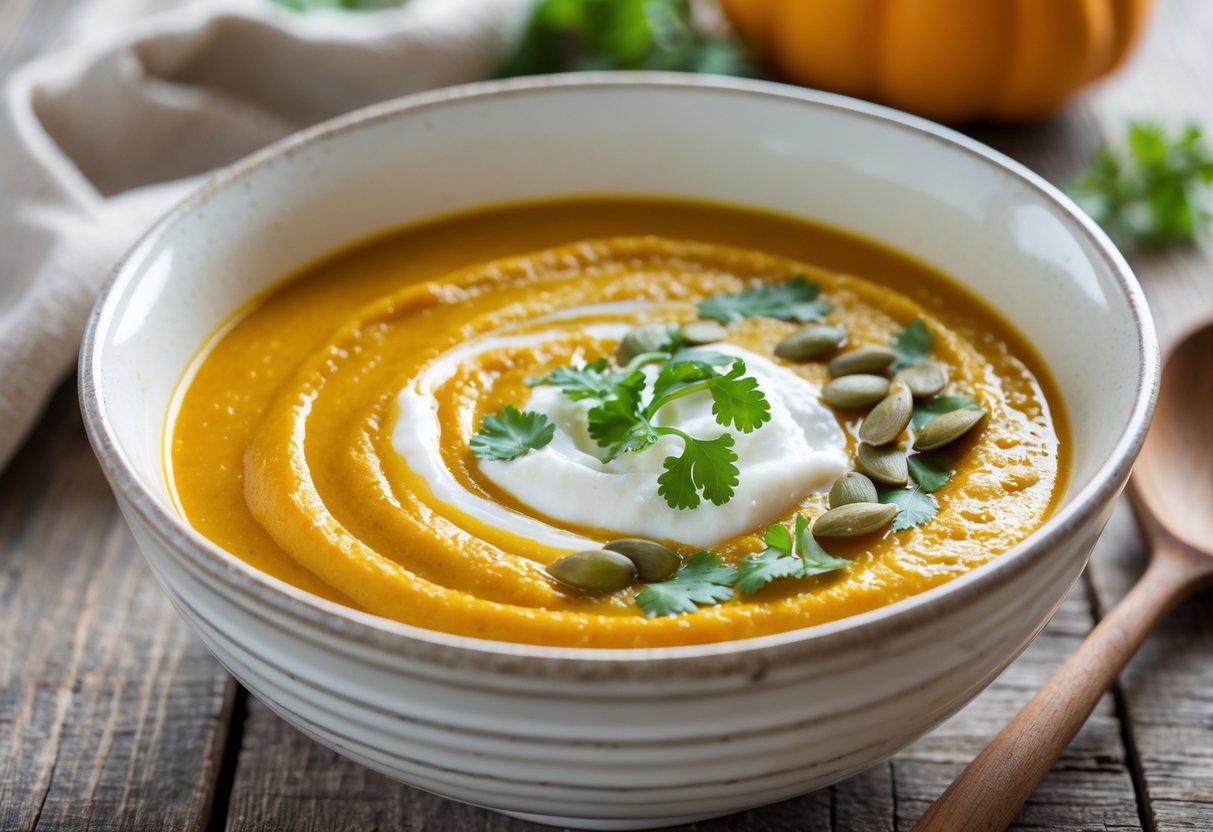 A bowl of curried pumpkin soup garnished with coconut cream, cilantro, and pumpkin seeds on a wooden table.
