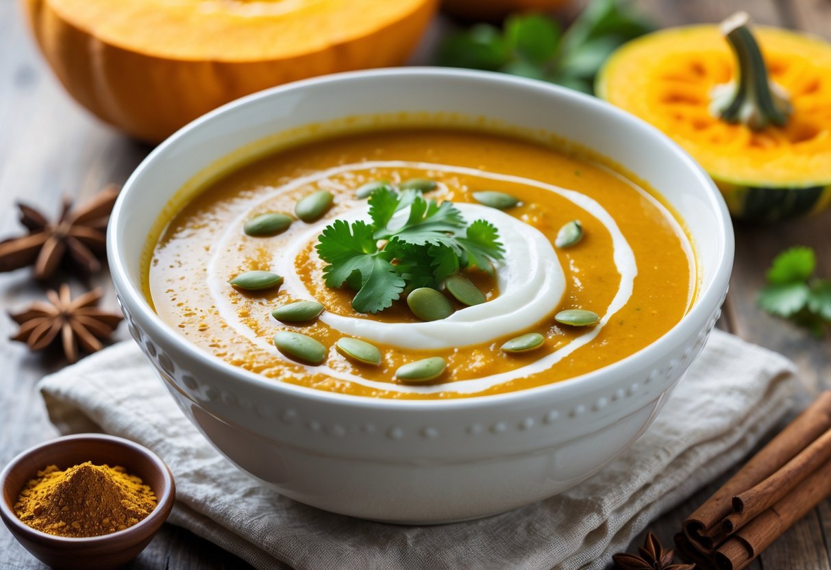 A bowl of creamy orange curried pumpkin soup garnished with coconut cream, cilantro, and pumpkin seeds on a wooden table with pumpkin slices and spices around it.