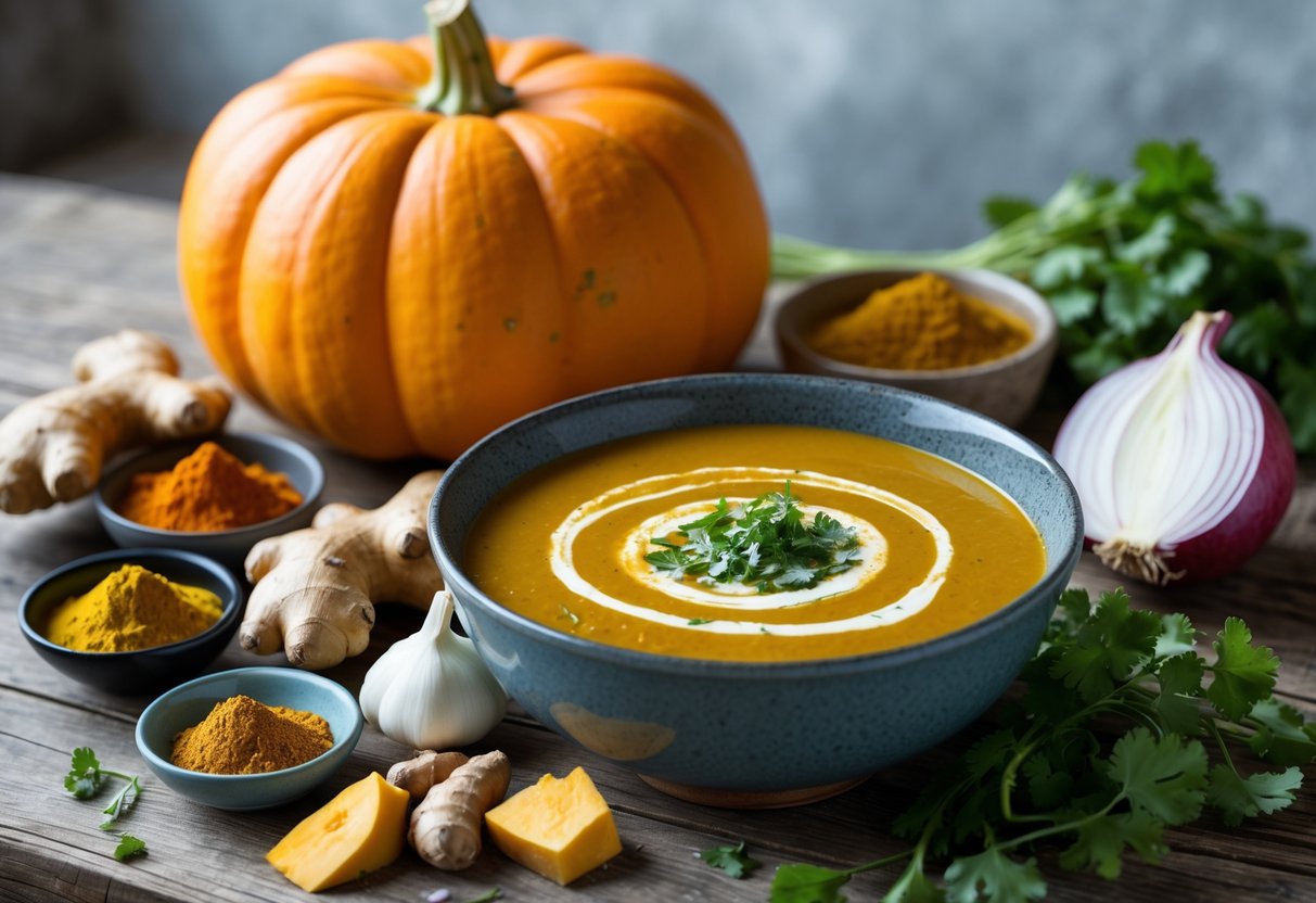 A collection of fresh ingredients for curried pumpkin soup including pumpkin, ginger, turmeric, garlic, onion, curry powder, cilantro, and a bowl of pumpkin soup on a wooden surface.