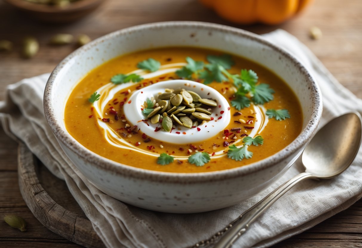 A bowl of curried pumpkin soup topped with coconut cream, toasted pumpkin seeds, chopped cilantro, and red chili flakes on a wooden table with a spoon and napkin nearby.
