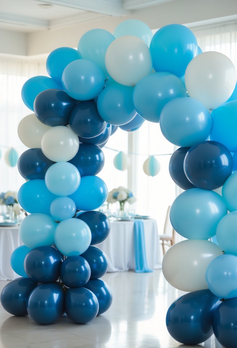 A blue ombre balloon arch with shades of blue and white balloons arranged in an arch shape at a bridal shower.