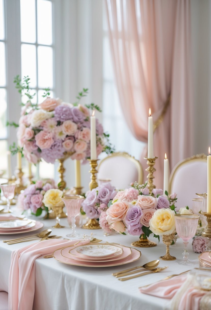 A bridal shower setup with pastel floral arrangements, elegant tableware, candles, and soft fabrics in a bright room.