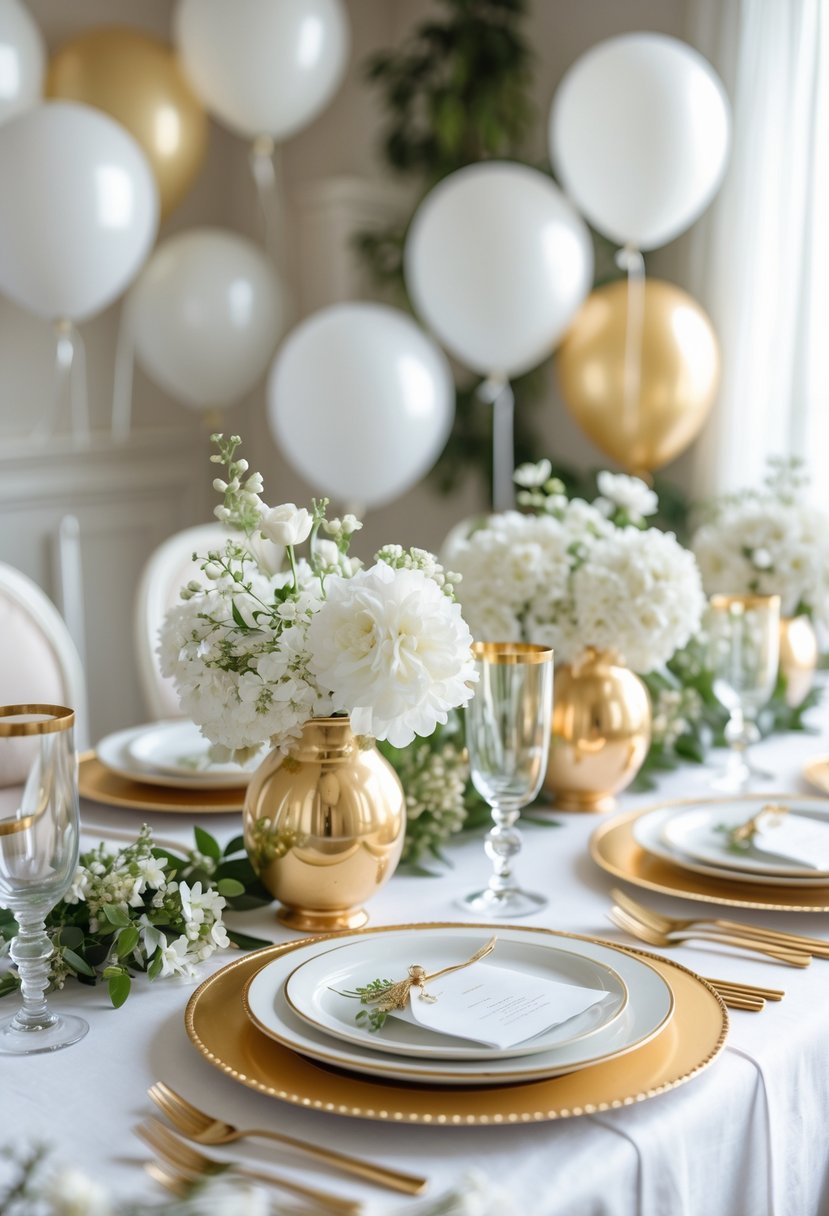 A bridal shower table decorated with white linens, gold accents, white flowers, and balloons.