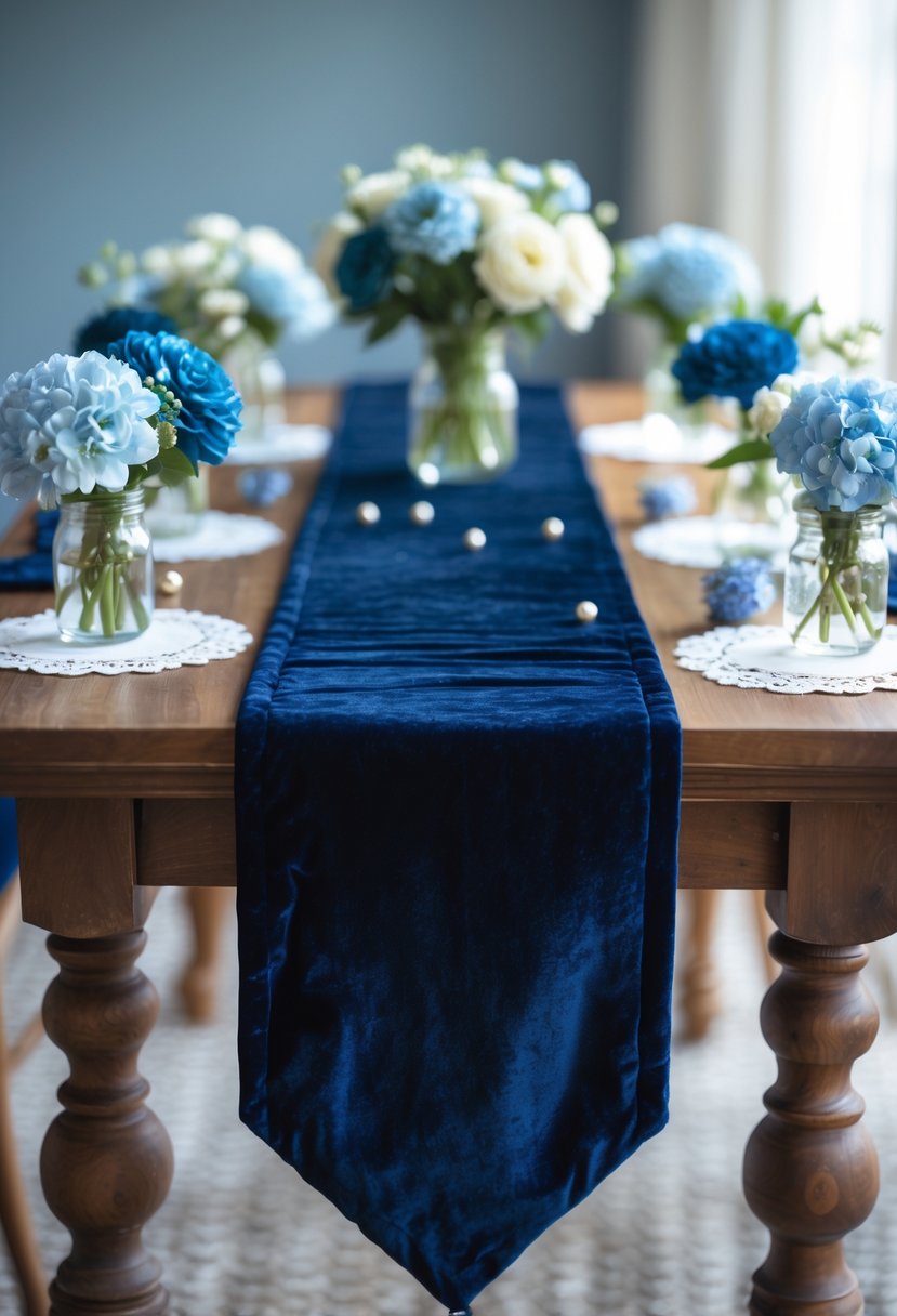 A navy blue velvet table runner on a wooden table decorated with white and pale blue flowers and bridal shower decorations.