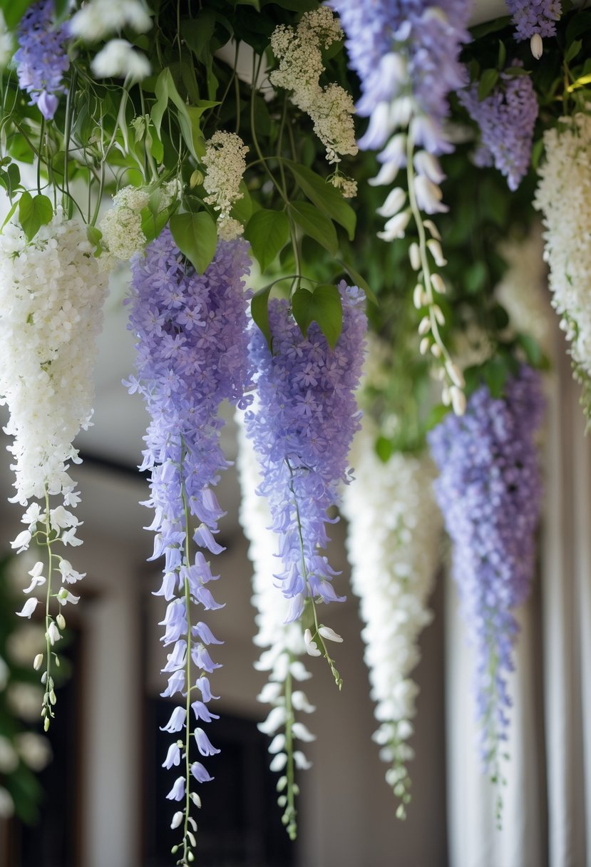 Ceiling decorated with hanging wisteria floral garlands featuring purple and white flowers and green leaves.