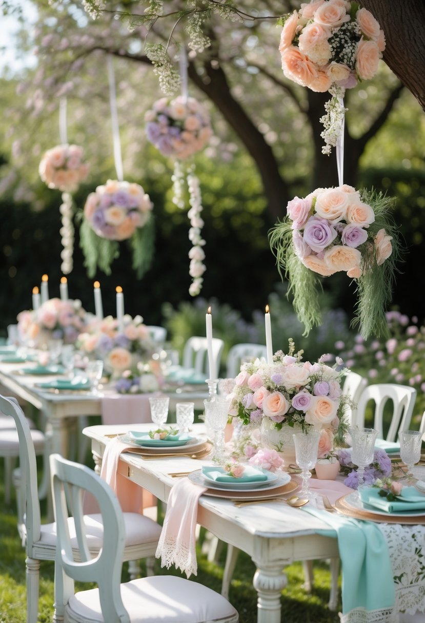 An outdoor garden table decorated with pastel flowers, fine tableware, and elegant decorations surrounded by greenery.