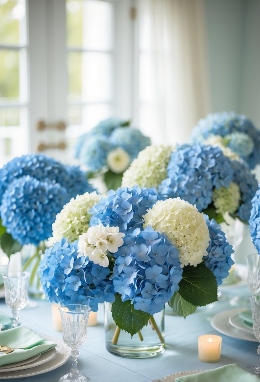 Blue hydrangea floral centerpieces arranged on a decorated bridal shower table with soft natural lighting.