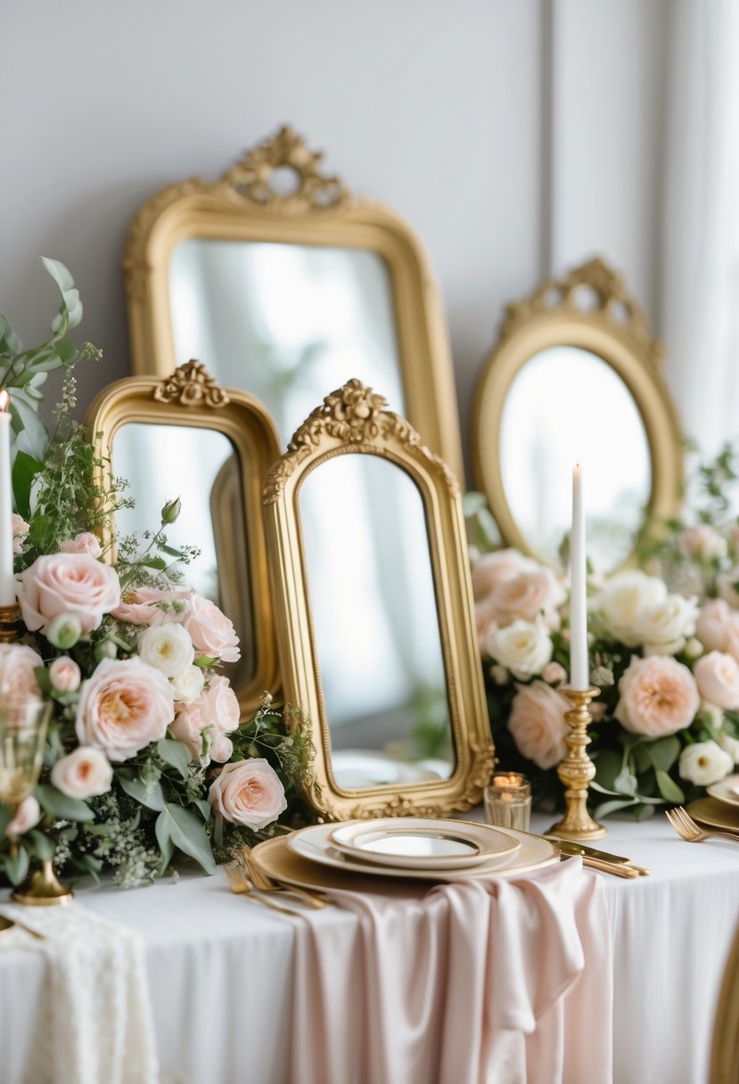 A bridal shower table decorated with gold-framed vintage mirrors, pastel flowers, and elegant table settings.