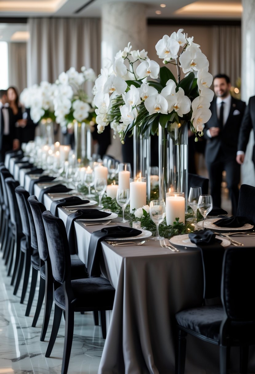 A group of people dressed in formal attire gathered around a long, elegantly decorated table with white flowers and candles in a stylish indoor venue.
