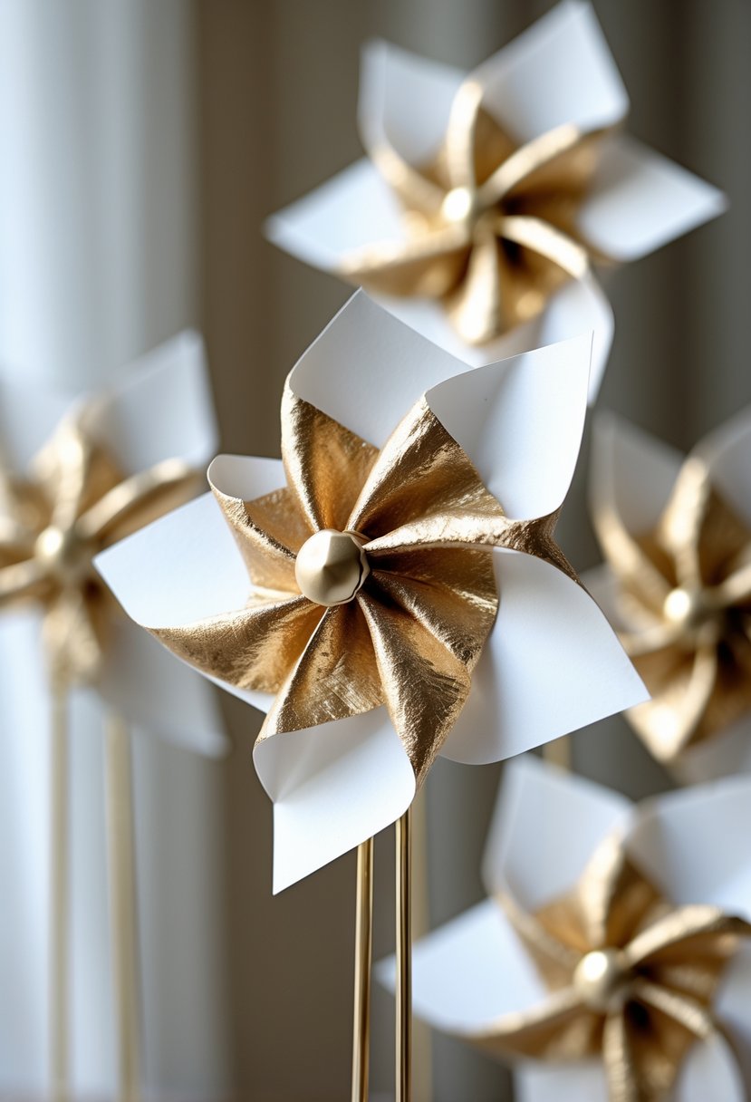 Close-up of gold and white pinwheel decorations arranged for a bridal shower.