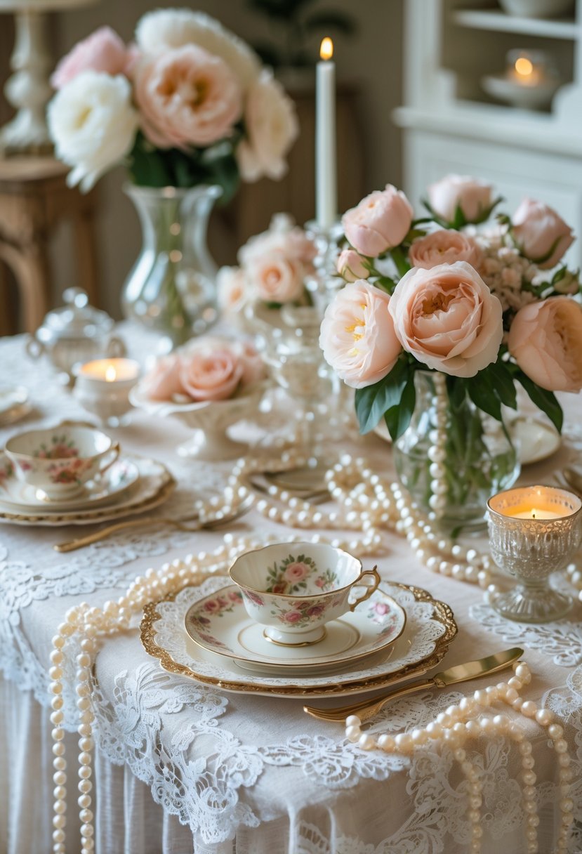 A bridal shower table decorated with lace tablecloths, pearl garlands, pastel flowers, and vintage teacups in a softly lit room.