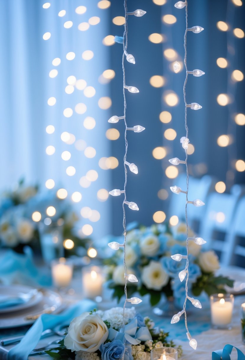 Light blue fairy string lights glowing softly over a decorated bridal shower table with flowers and pastel blue accents.
