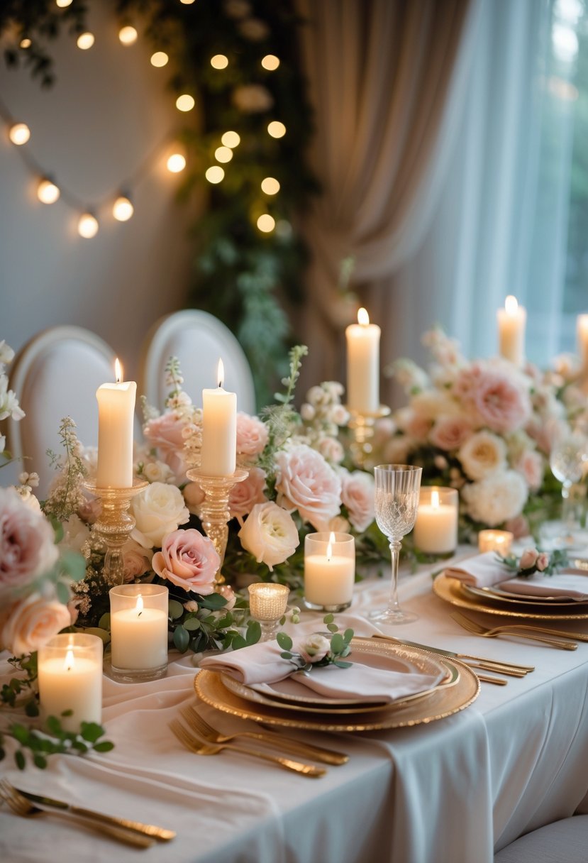 A beautifully decorated table set for a bridal shower with candles, flowers, and elegant tableware in a warm, cozy room.