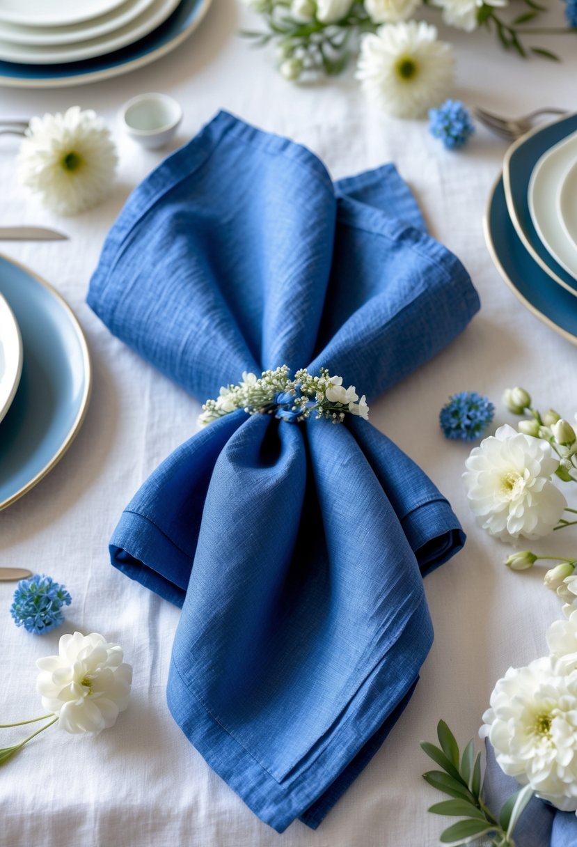 A set of royal blue linen napkins neatly folded on a white table with white flowers and greenery as bridal shower decorations.
