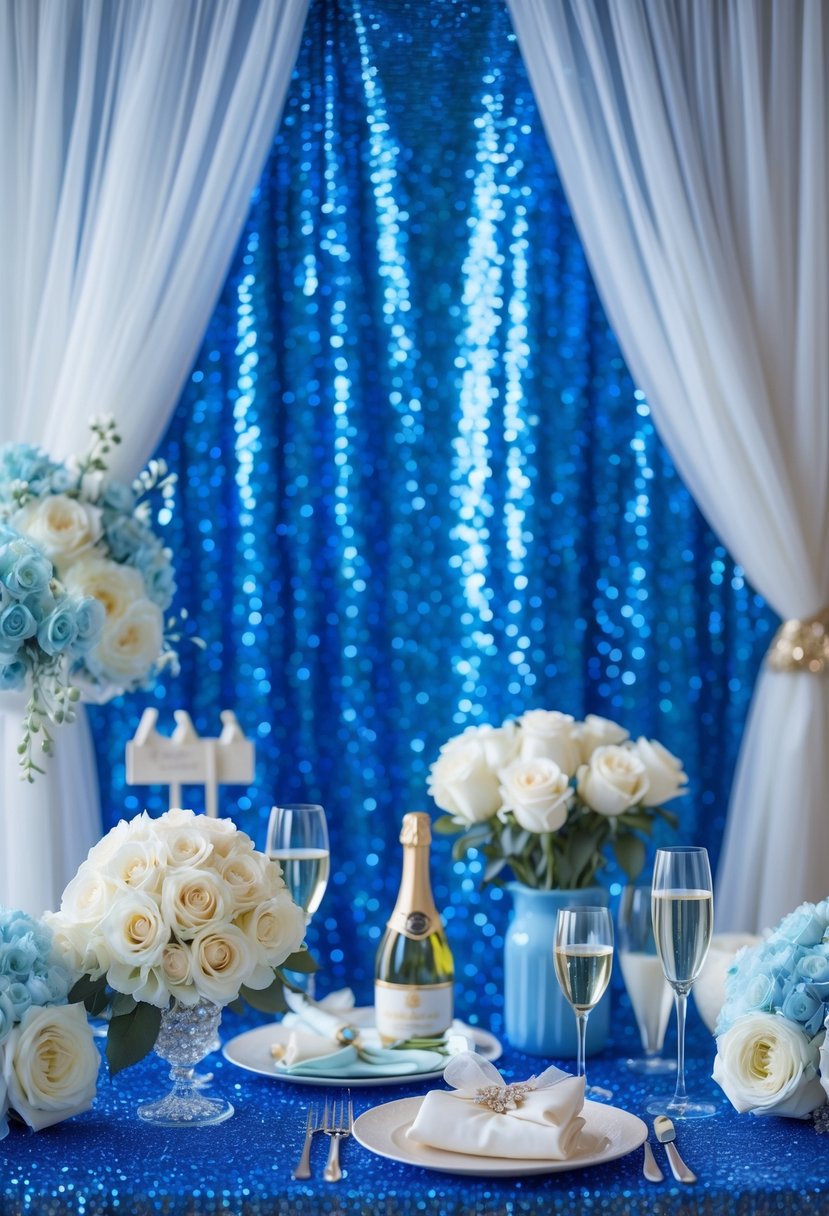 A blue sequin backdrop with bridal shower decorations including white flowers, a bouquet, and a champagne glass.
