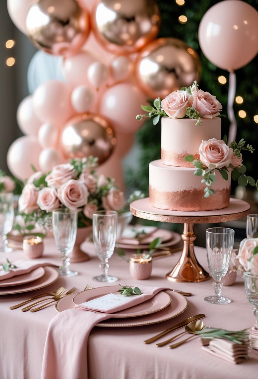 A bridal shower table decorated with blush pink and rose gold elements, including flowers, balloons, and a tiered cake.