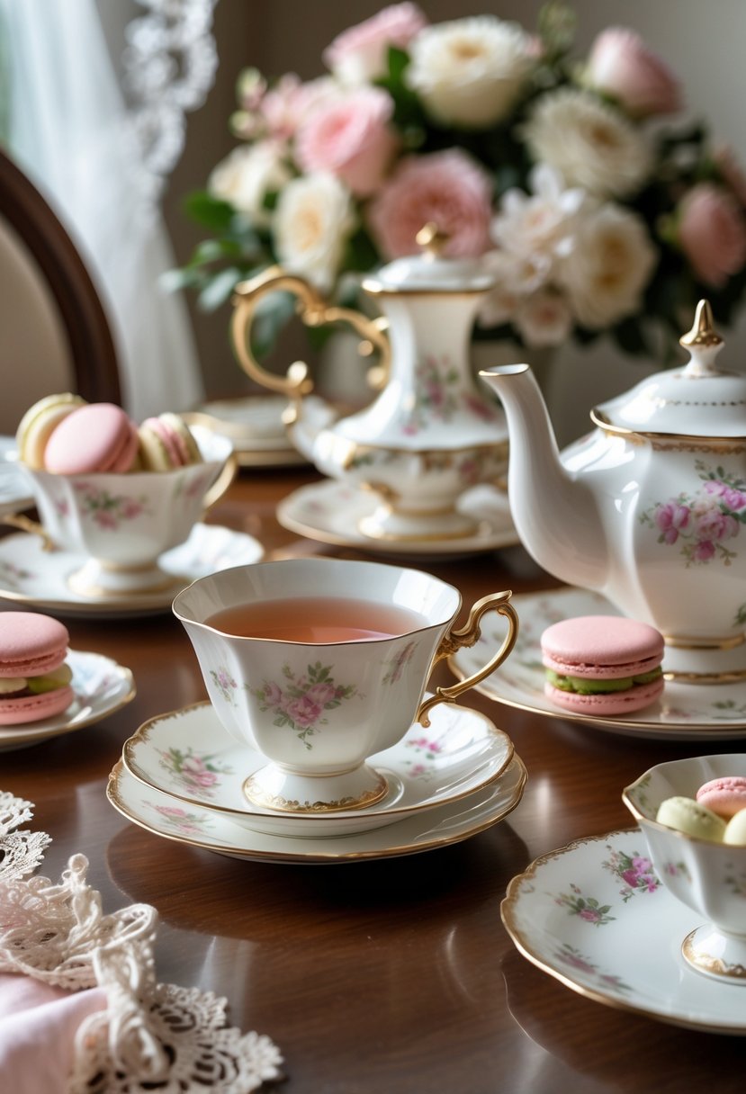 A table set with vintage teacups, saucers, a teapot, and small plates of pastries surrounded by soft floral decorations.