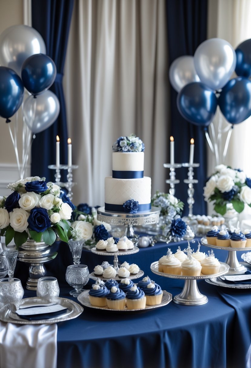 A bridal shower setup with navy blue and silver decorations, including floral arrangements, candles, desserts, and elegant table settings.